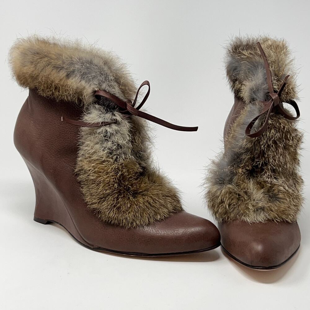 Corso Como Rabbit Fur Trim Wedge Booties Boots Brown Leather Womens 8M